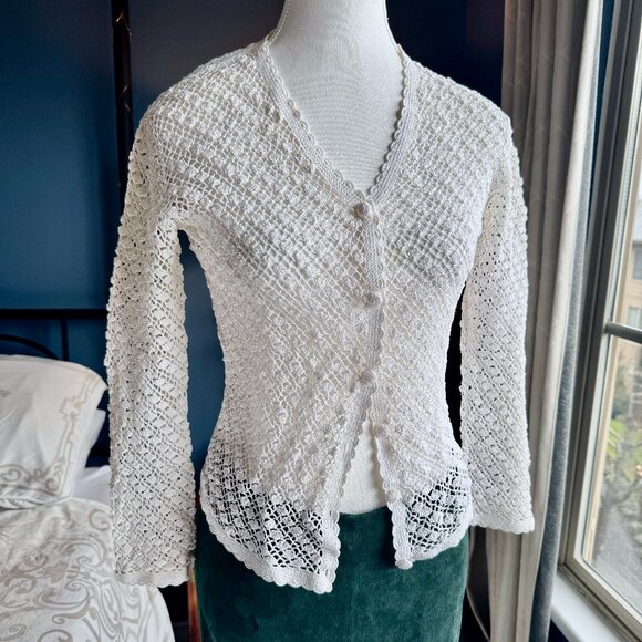 Vintage Crochet White Cottagecore Cardigan - Picture 2 of 13